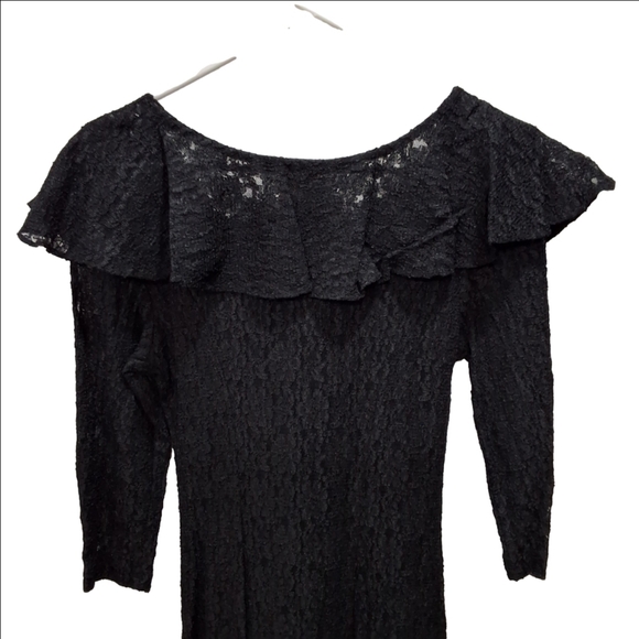 All That Jazz~VTG 80s~Black Lace~Button Maxi Dress~Whimsygoth~Ruffled Collar~7/8 - Picture 7 of 13